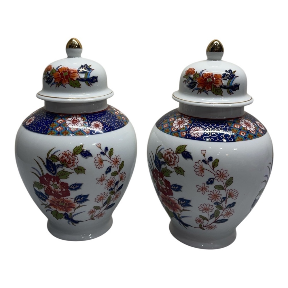 Old Imari Japan Porcelain Vintage Ginger Jar Set of 2 Blue Gold Floral Design